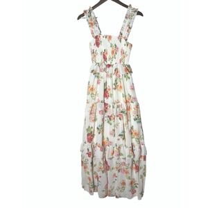 Anthropologie Lovecolette Floral Smocked Tiered Maxi Dress White Ruffle Strap S